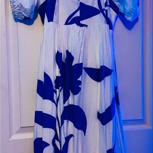 Nine West White with Blue Floral Ankle Length Dress Size L:Xl